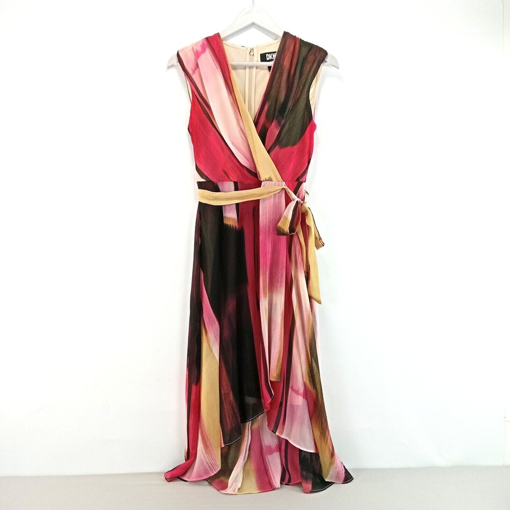 DKNY Chiffon‎ Party Dress Women's Sz 6 Wrap Layers Fairy Colorful Tie Lined